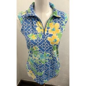 Ibkul Women’s Blue Floral Sleeveless Polo Golf Shirt Size Small